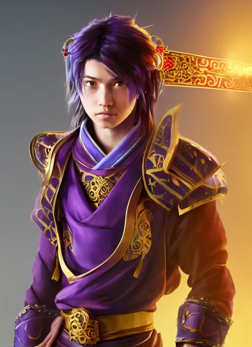 Image similar to An epic fantasy portrait painting of teenager boy with straight indigo hair, purple eyes with red eye markers, slim body, wearing a detailed Japanese kimono with golden armor pieces, holding japanese fan. Unreal 5, DAZ, hyperrealistic, octane render, studio Ufotable, Demon Slayer artstyle, cosplay, RPG portrait, dynamic lighting