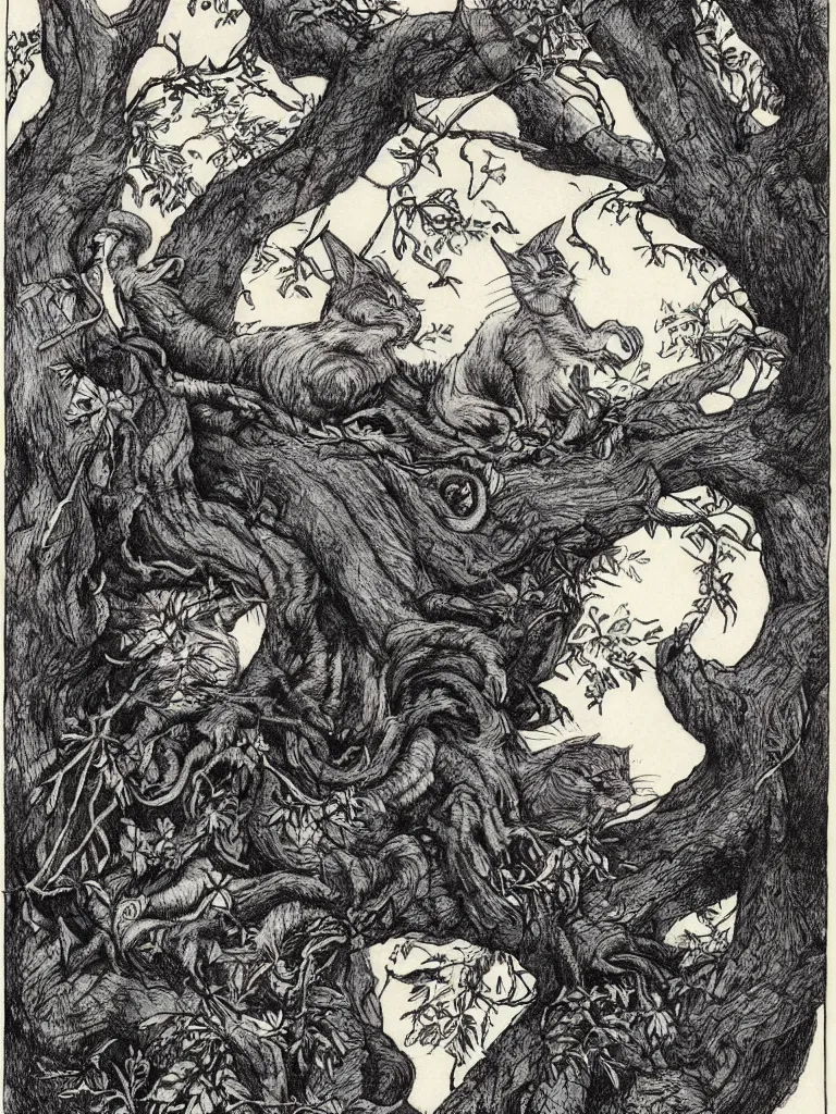 Image similar to Tenniel illustration cheshire cat, sitting in a tree