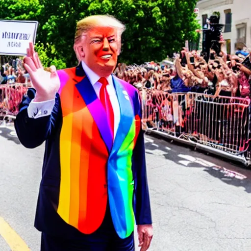 Image similar to donald trump wearing a rainbow suit at a gay pride parade