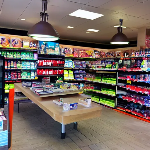 Prompt: interior of retail store, convenience store, color photo