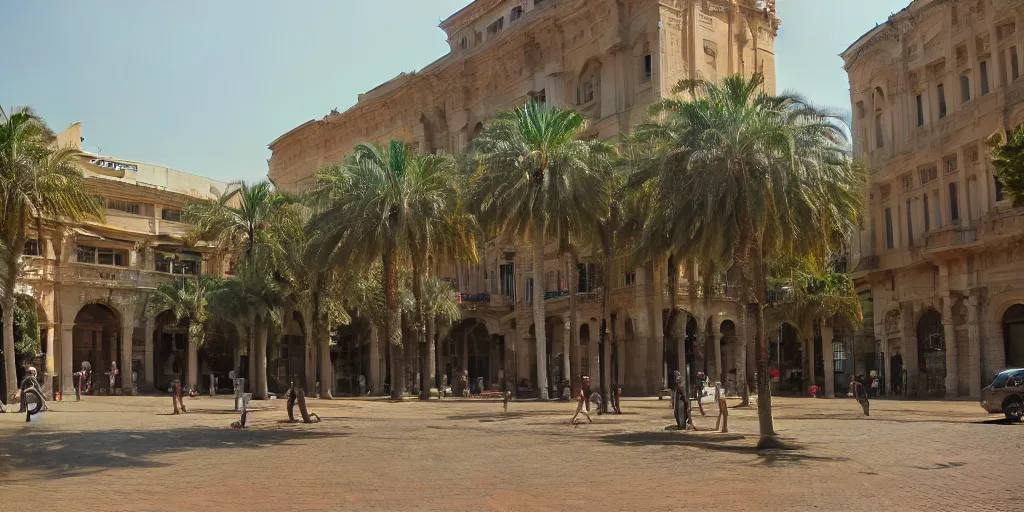 Prompt: khedival opera house, talaat Harb Square cairo, google street view, realistic rendering by pixar, dappled afternoon sunlight, acacia trees, date palm trees, shrubs, flowers, 4k, hyper realistic, fujifilm, octane render, artstation