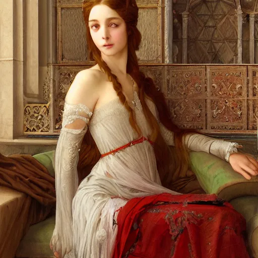 Prompt: a highly detailed portrait of a medieval french princess, translucent dress, beautiful detail and color, art by john collier and albert aublet and krenz cushart and artem demura and alphonse mucha, volumetric lighting, octane render, 4 k resolution, matte, sharp focus, illustration, art by jacque - louis david, baroque style