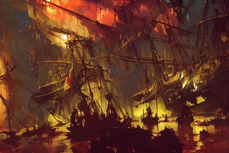 Image similar to pirate ship interior, intricate, elegant, highly detailed, vivid colors, john harris, frazetta, tyrus wong, ruan jia, jeffrey catherine jones