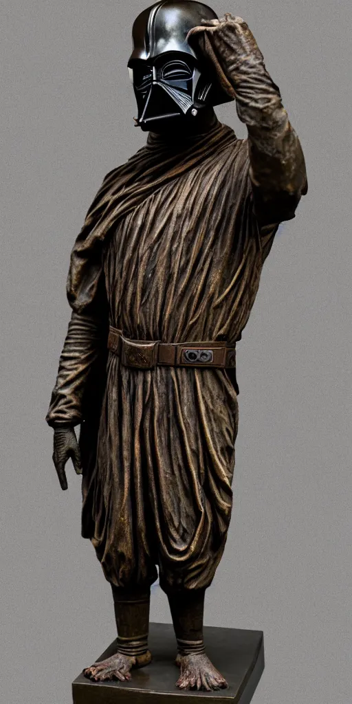 Image similar to detailed photo of an old bronze patina statue of dark vador, full body portrait, various pose, photorealism, intricate detail, museum diffuse lighting