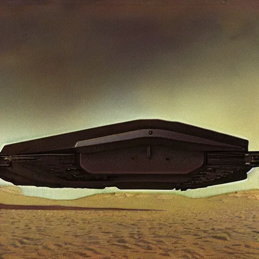 Prompt: a rectangular space ship hover over a beach by h. r. giger.