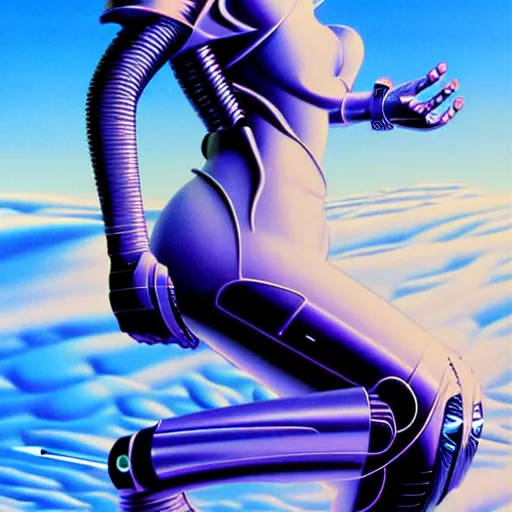 Image similar to futuristic space woman, blue sky art by peter lloyd, 1 9 8 0's art, airbrush style, art by hajime sorayama,, intricate, elegant, sharp focus, illustration, highly detailed, concept art, matte, sharp focus, illustration, highly detailed, 6 4 0