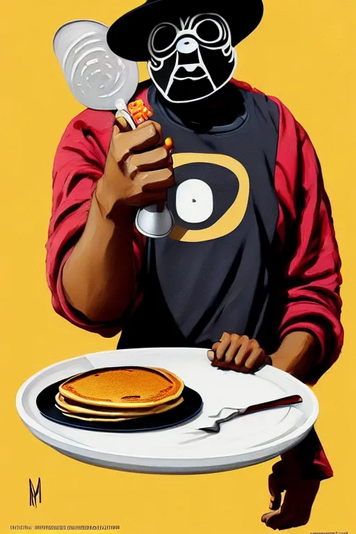 Image similar to mf doom as cooking pancakes animation pixar style, mf doom rapper madvillain, lighting poster by magali villeneuve, artgerm, jeremy lipkin and michael garmash, rob rey and kentaro miura style, trending on art station