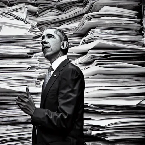 Image similar to obama nervously standing by a mountain of papers, ( eos 5 ds r, iso 1 0 0, f / 8, 1 / 1 2 5, 8 4 mm, postprocessed, crisp face, facial features )