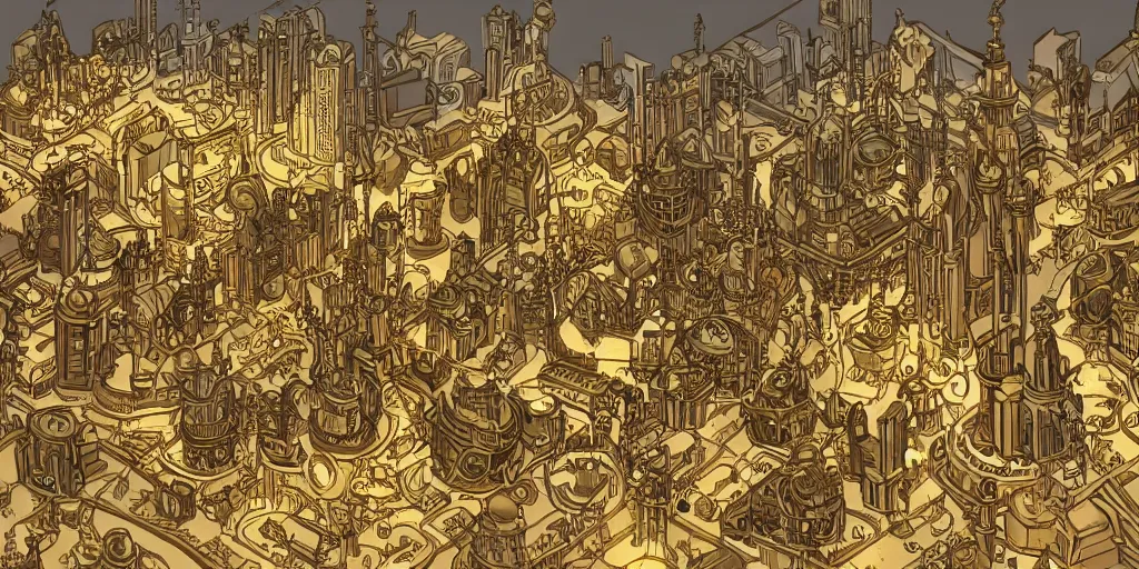 Image similar to a golden steampunk city in the style of arcane