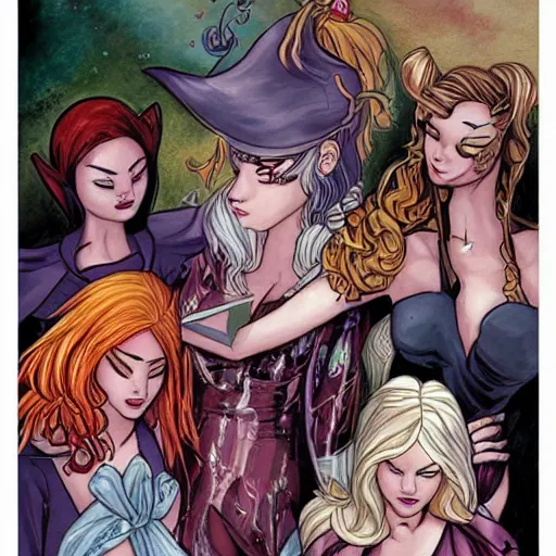 Image similar to a beautiful painting of a witches reunion, art by humberto ramos, trending on artstation