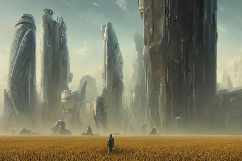 Prompt: sci-fi painting of a very large alien city, many skyscraper, on the vast wheat fields, only one humanoid robot on the ground, by greg rutkowski, godrays, detailed