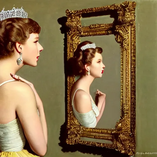 Image similar to Taylor Swift singing to her reflection, mirror, 1950s, modest, elegant clothing, tiara, mild impressionism, award winning, photorealistic, by Ilya Repin