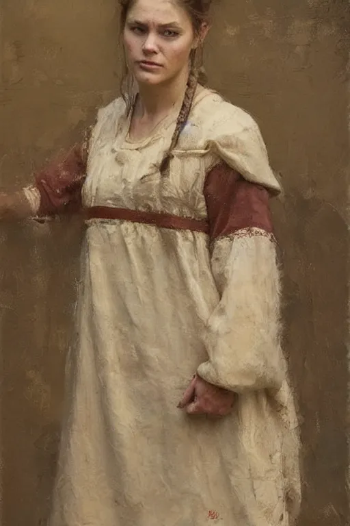 Image similar to Richard Schmid and Jeremy Lipking and Antonio Rotta full length portrait painting of a young beautiful traditonal viking woman