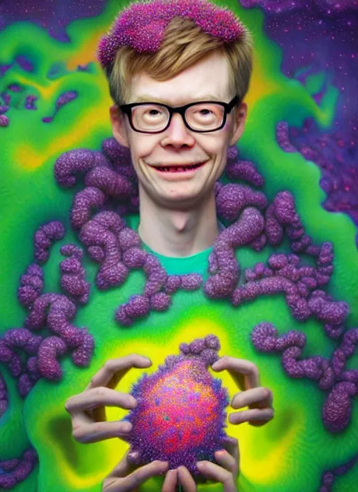 Image similar to hyper detailed 3d render like a Oil painting - kawaii portrait of Hank Green in Aurora (Singer) seen Eating of the Strangling network of yellowcake aerochrome and milky Fruit and Her delicate Hands hold of gossamer polyp blossoms bring iridescent fungal flowers whose spores black the foolish stars by Jacek Yerka, Mariusz Lewandowski, Houdini algorithmic generative render, Abstract brush strokes, Masterpiece, Edward Hopper and James Gilleard, Zdzislaw Beksinski, Wolfgang Lettl, hints of Yayoi Kasuma, octane render, 8k