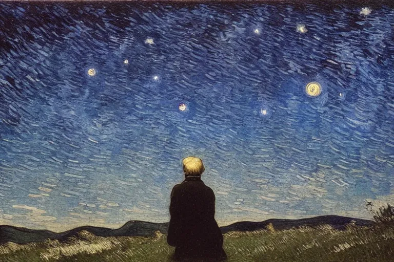 Prompt: a person looking at the night sky with clouds and stars, colorful, beautiful, national geographic, very detailed, astrophotography, cinematic lighting, oil painting, canvas, Theodor Kittelsen, Vincent van Gogh