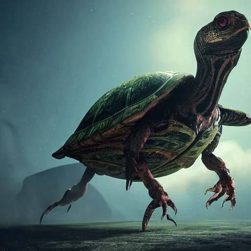 Image similar to a bird turtle tractor hybrid creature monster with metal scales feathers, rich diverse lush alien world, dramatic lighting, in the style of national geographic, illustration, octane render