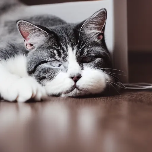 Prompt: gray and white cat sleeping on the hardwood floor, fluffy, dimly lit room