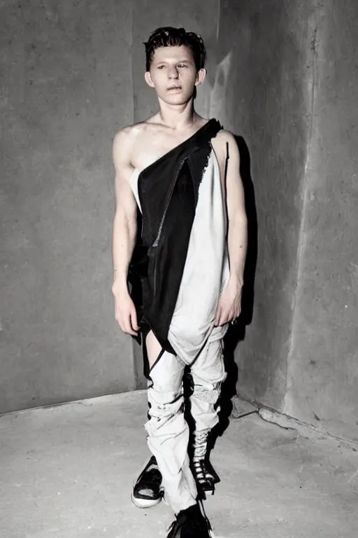 Prompt: tom holland, portrait of a tom holland wearing rick owens clothing, rick owens drkshdw, darkwear look and clothes, we see them from feet to head, highly detailed and intricate, luxury, outfit photo, trending on r / streetwear, beautiful face