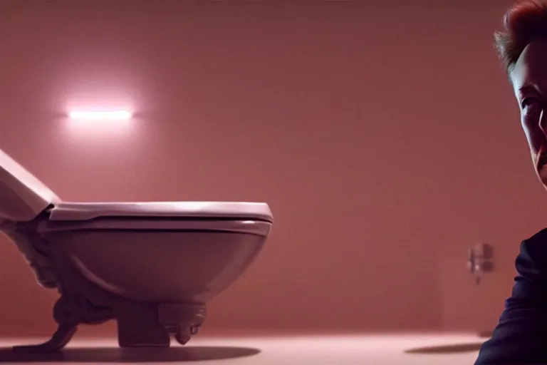 Image similar to hyperrealism aesthetic ridley scott and denis villeneuve style photography of a detailed hyperrealism elon musk, siting on a detailed hyperrealism toilet and scrolling his detailed smartphone in hyperrealism scene from detailed art house movie in style of alejandro jodorowsky and wes anderson volumetric ambient light