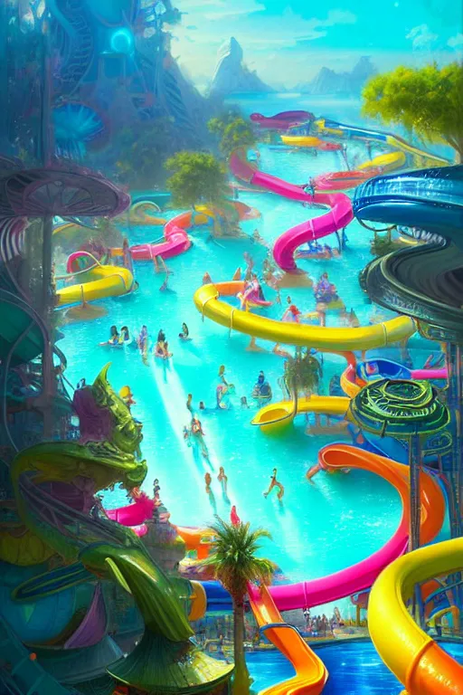 Image similar to a huge complex brightly colored water park scene, tall winding slides, wave pool, fantasy art, 8 k resolution matte fantasy painting, cinematic lighting, deviantart, artstation, jason felix steve argyle tyler jacobson peter mohrbacher