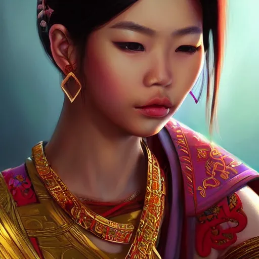 Prompt: aesthetic!!!!!!! a beautiful young asian girl with thai traditional ornaments around, artstation, concept art, matte, sharp focus, illustration, hearthstone, art by artgerm and greg rutkowsk, realistic, cinematic, oil painting