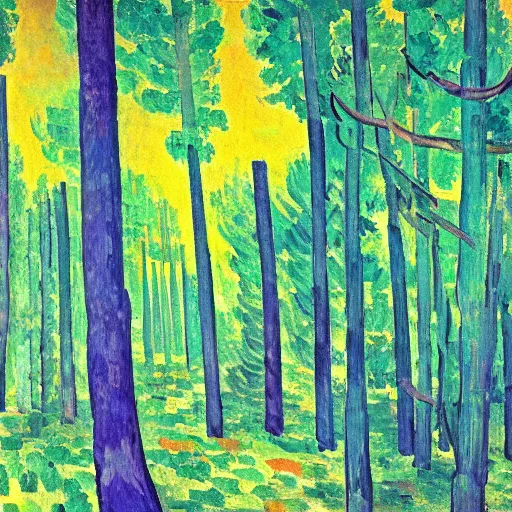 Prompt: landscape painting of a large dark beautiful light green forest, bushy trees, with the blue and purple sunset light reflected on the surface of the leaves. cezanne, picasso, van gogh, david hockney.