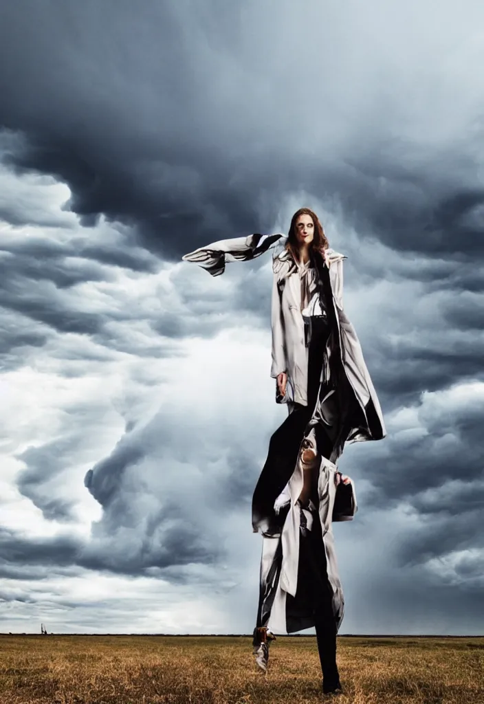 Image similar to fashion editorial in front of a tornado cloud.