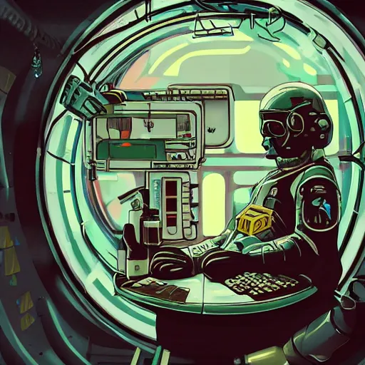 Prompt: old man in exosuit standing behind futuristic bar on space station, face tattoos, punk, grunge, rough, paint, scratchy, science fiction, cyberpunk, retrofuture, illustration