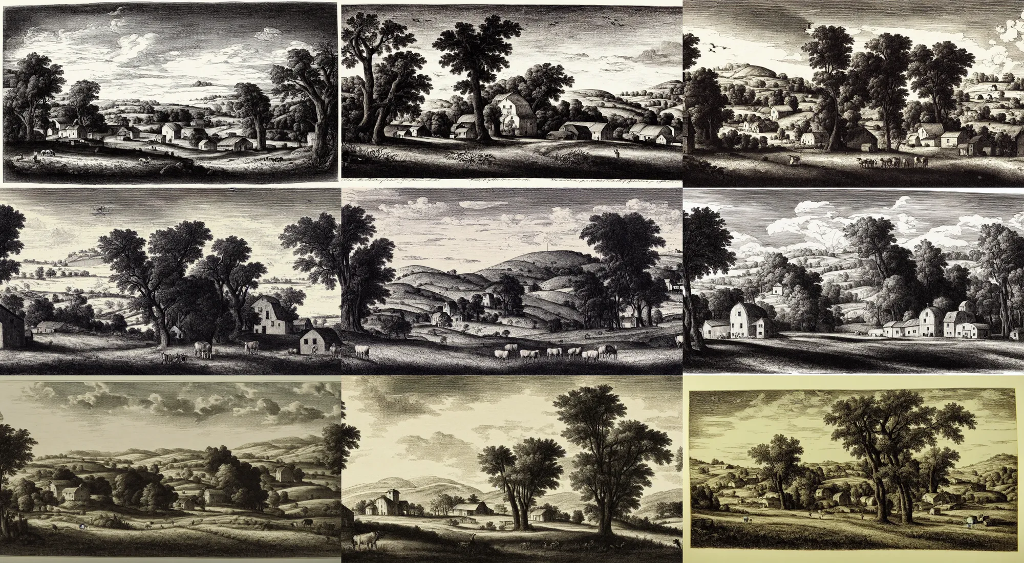 Prompt: a beautiful engraving print on paper of rural landscape with a farm