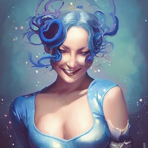 Image similar to a beautiful painting of a smiling woman with stylish short blue hair and sparkling blue eyes representative of the art style of artgerm and wlop and peter mohrbacher