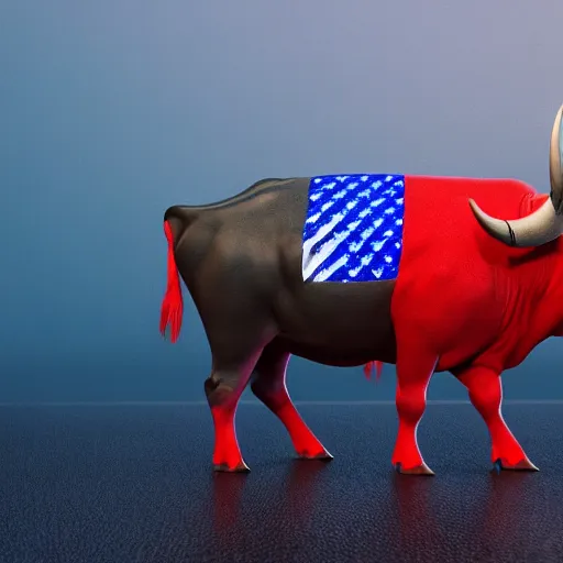 Image similar to a water buffalo wearing red white and blue full body armor octane render, 8 k resolution high detail, in the style of syd mead