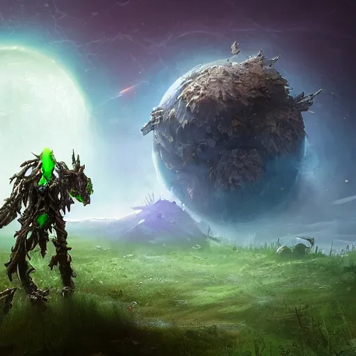 Prompt: corrupted sentinel enjoying picking up flower on infested planet, fantasy art, 4 k, realistically