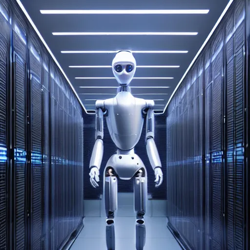 Prompt: hyperrealism stock photo of highly detailed stylish humanoid robot in sci - fi style by gragory crewdson and vincent di fate in the highly detailed data center by mike winkelmann and laurie greasley rendered in blender and octane render