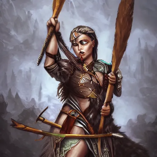 Prompt: fantasy character portrait of a warrior woman holding a spear