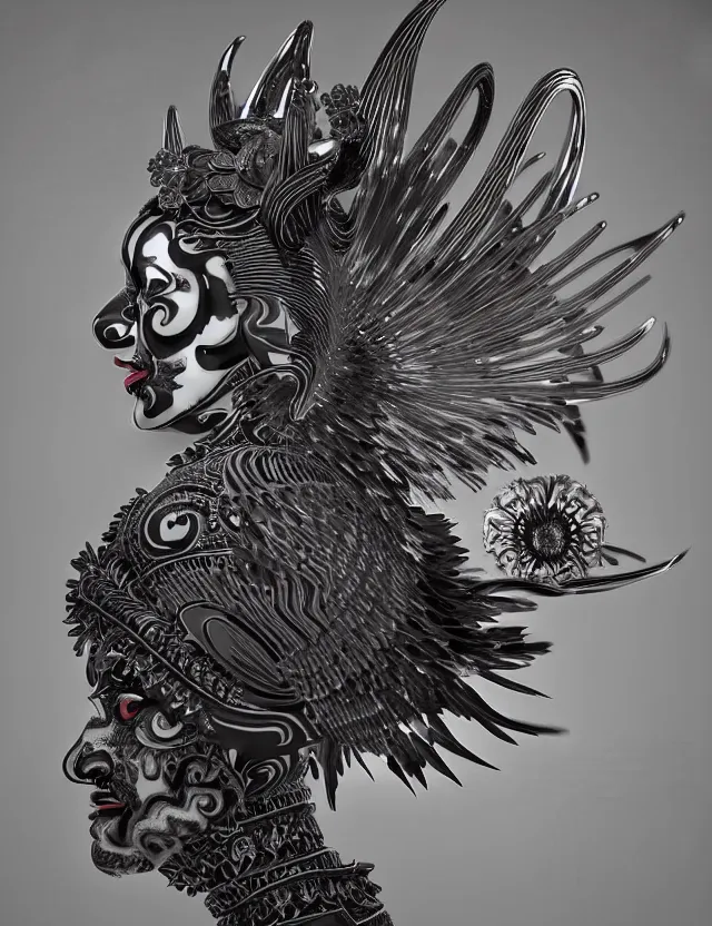 Image similar to 3 d goddess close - up profile satan biohazard portrait with crown, ram skull. beautiful intricately detailed japanese crow kitsune mask and clasical japanese kimono. betta fish, jellyfish phoenix, bio luminescent, plasma, ice, water, wind, creature, artwork by tooth wu and wlop and beeple and greg rutkowski