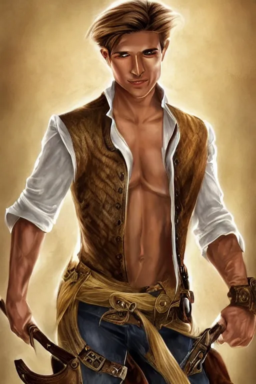 Image similar to a male ranger, dnd, with a leather vest and white linen pants, long swept back blond hair, chiseled good looks, romance novel cover, digital art