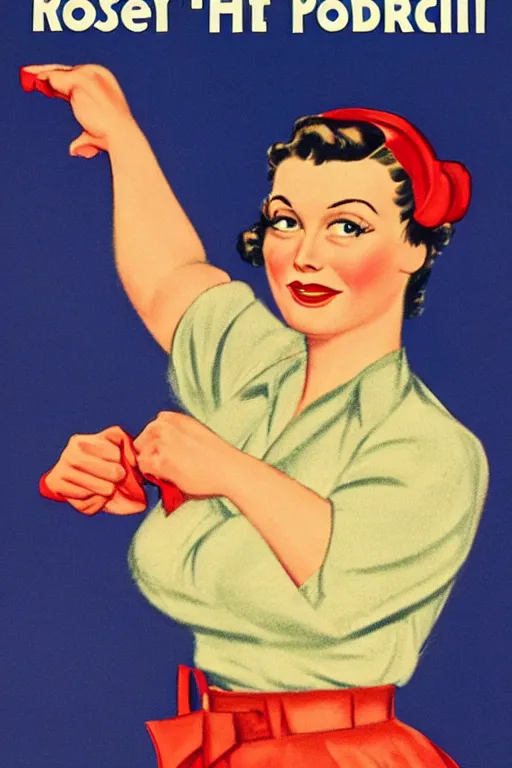 Image similar to 1 9 4 0 s poster of rachel bloom as rosie the riveter, style of norman rockwell, high quality, sharp detail