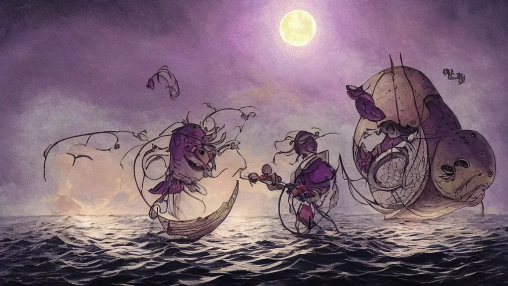 Image similar to a large!! surfacing anglerfish!!!! meets a lantern - holding!!!! sailor!!!! on a ( sloop ), ( background with large full moon and purple sky ), in the styles of tom coletti, jorge jacinto, and thomas veyrat intricate, accurate details