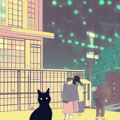 Image similar to a cat in tokyo by inio asano, beeple and james jean, aya takano color style, 4 k, super detailed, modern, 4 k, symmetrical