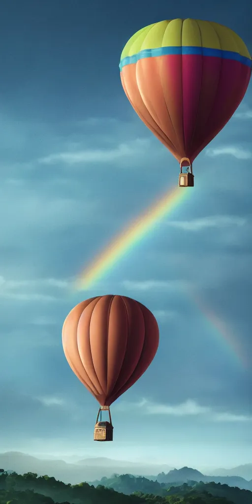 Prompt: elevated view of hot air balloon in flight, rule of thirds, Vinicuana Rainbow mountain in distance, golden hour, Photorealistic, establishing shot, cinematic lighting, , dramatic lighting, atmospheric, realistic, octane render, highly detailed, color graded, matte painting in the style of simon stalenhag