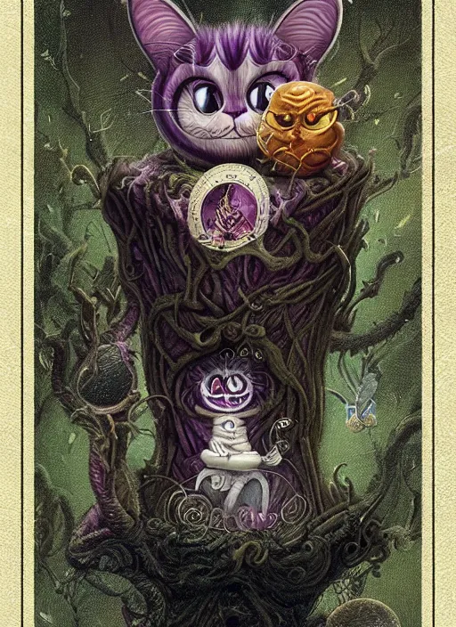 Image similar to cheshire cat the magician tarot card, highly detailed, cinematic, 8 k, bymegan duncanson, benjamin lacombe, naoto hattori, adrian borda, giger, trending on deviantart, hyper detailed, horror, full of colour