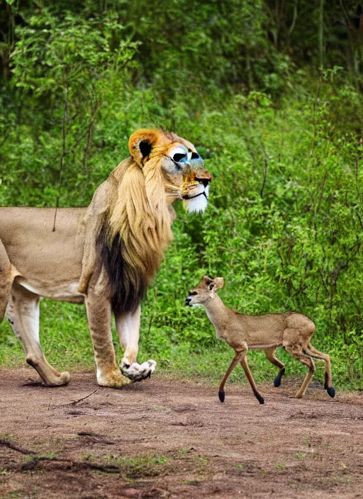 Prompt: lion following a deer in the jungle