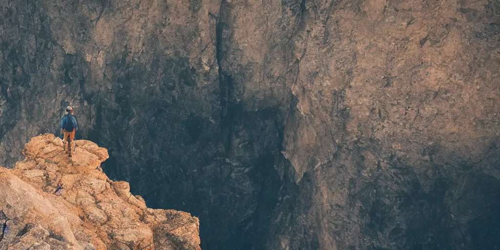 Image similar to a solo backpacker standing on the edge of the world, intense, peace, epic, Thriller, serenity, ready, calm, resolution, apipheny, serendipity, high, clenching, ultra, 8k, HD, detailed, cinematic, dramatic, lighting, bright limited color palette, in focus, sharp, landscape