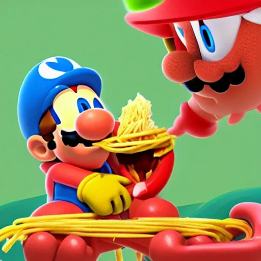 Prompt: Super Mario force-feeding spaghetti to Birdo.