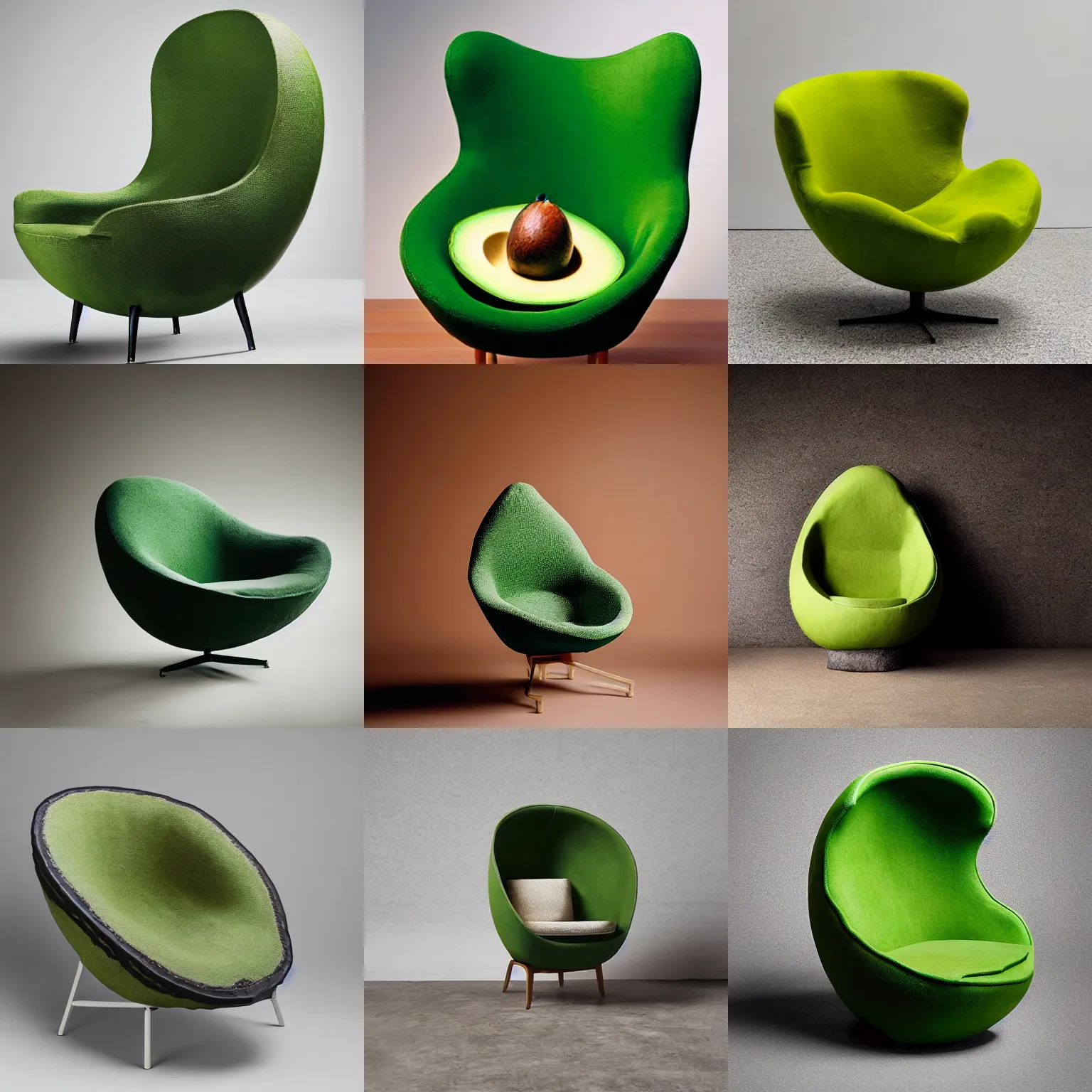Prompt: An avocado armchair, designed to be extremely comfortable, while also looking like an avocado, photograph, studio lighting, advertising photography, magazine quality