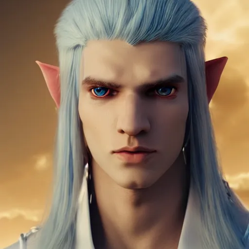 Image similar to a highly detailed male elf in full length, with white long hair, white clothes, bright blue eyes, artstation, DeviantArt, professional, octane render