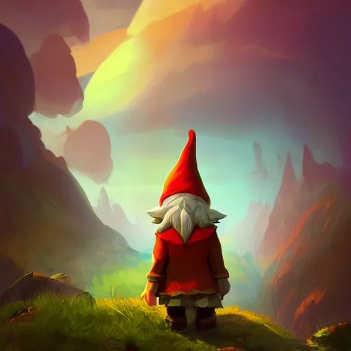 Image similar to a gnome looking for a new adventure in a colorful fantasy world, beautiful landscape, dramatic lighting, cinematic, establishing shot, extremly high detail, photorealistic, cinematic lighting, post processed, concept art, artstation, matte painting, style by greg rutkowsky