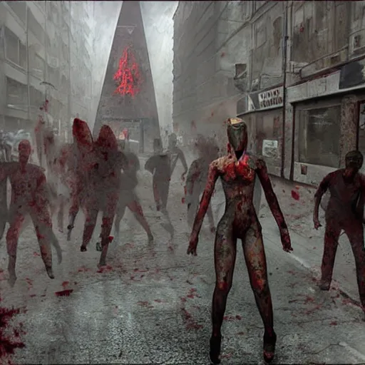 Image similar to pyramid head from silent hill in a street full of zombies, 4k. high detail, high-resolution photograph