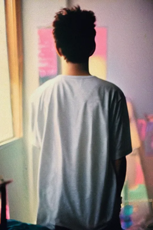 Image similar to agfa vista 4 0 0 photograph of a guy standing in a cluttered bedroom, back view, synth vibe, vaporwave colors, lens flare, moody lighting, moody vibe, telephoto, 9 0 s vibe, blurry background, grain, tranquil, calm, faded!,