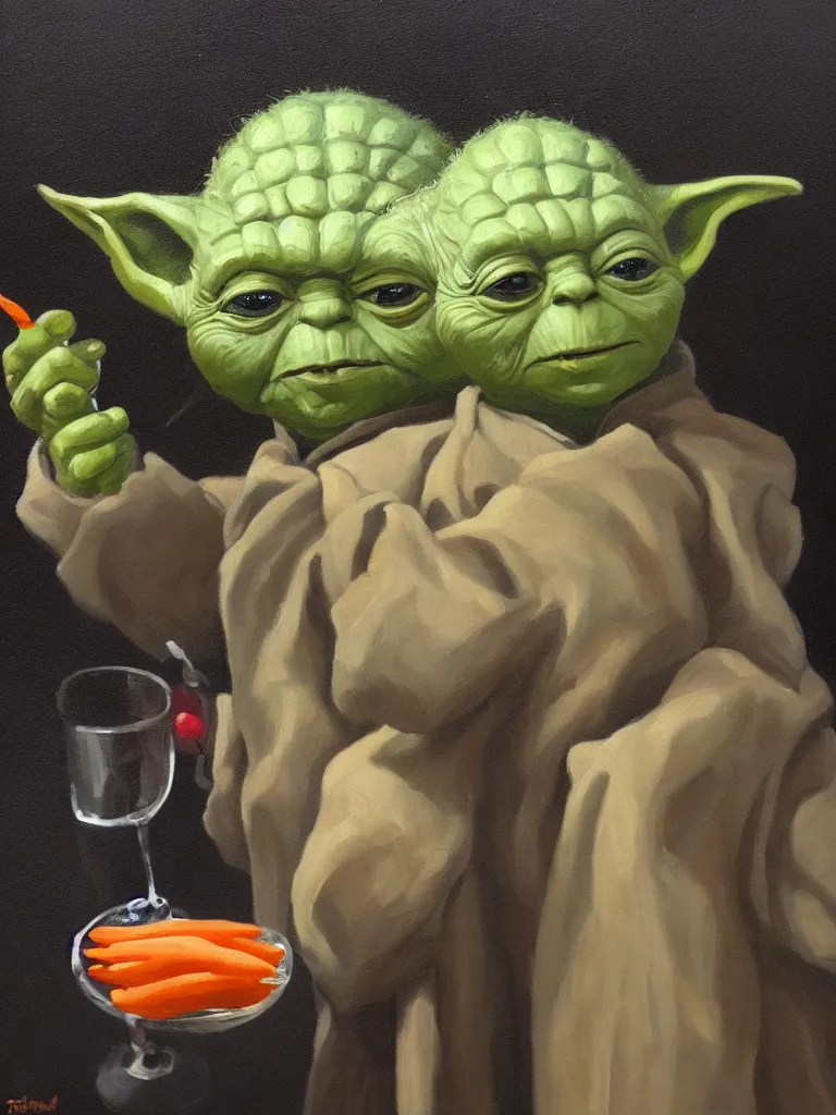 Prompt: old oil painting of a yoda holding a carrot in one hand an a glass of wine in the other, trending on artstation